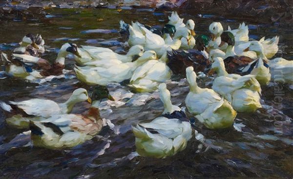 Beute. Achtzehn Enten Auf Dem Wasser Oil Painting by Alexander Max Koester