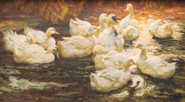 Eleven Ducks In Evening Light Oil Painting by Alexander Max Koester