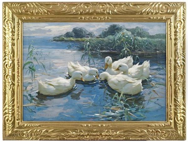 Entenbesprechung. Funf Weise Enten Im Schilfwasser Oil Painting by Alexander Max Koester