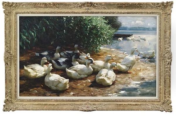 Lagernde Enten Am Seeufer Mit Kahn Oil Painting by Alexander Max Koester