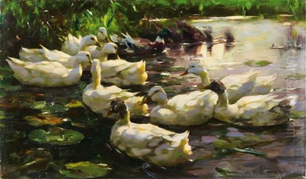 Enten Im Wasser (fohnstimmung) Oil Painting by Alexander Max Koester