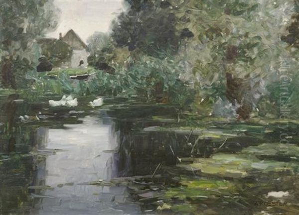 Reichenau, Uferlandschaft Mit Haus Und Enten Oil Painting by Alexander Max Koester