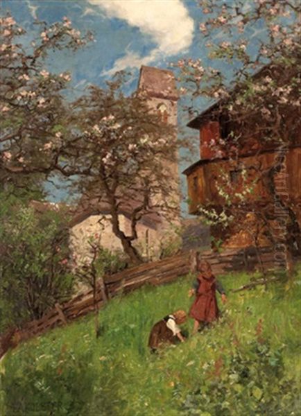 Bergdorfwiese Mit Kindern Beim Blumenpflucken Oil Painting by Alexander Max Koester