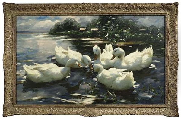 Entenbesprechung. Funf Enten Tummeln Sich Im Wasser Oil Painting by Alexander Max Koester