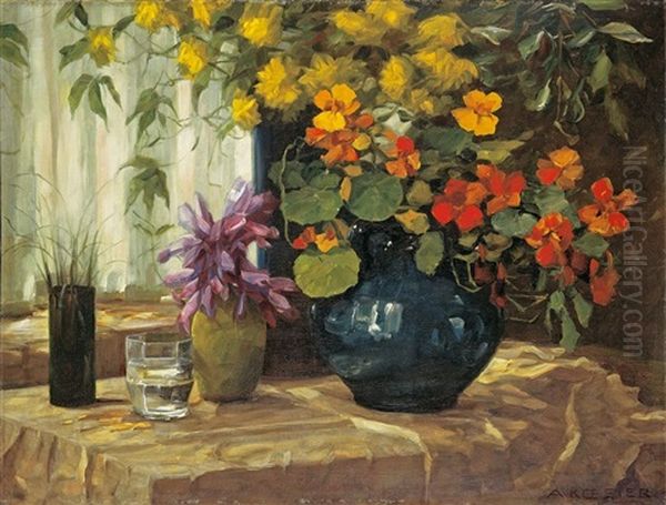 Kapuziner Mit Blauer Vase Und Herbstzeitlosen Oil Painting by Alexander Max Koester