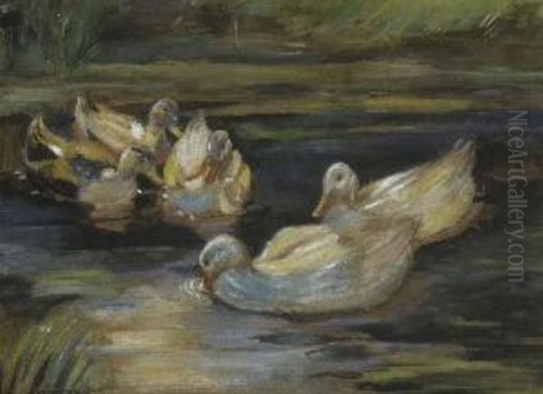 Funf Enten Am Seeufer Oil Painting by Alexander Max Koester