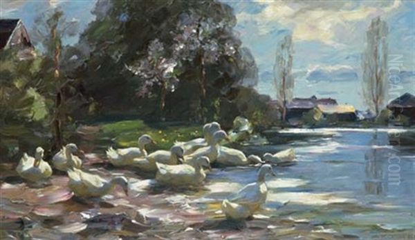 Elf Enten Am Steg - Eleven Ducks By A Jetty Oil Painting by Alexander Max Koester