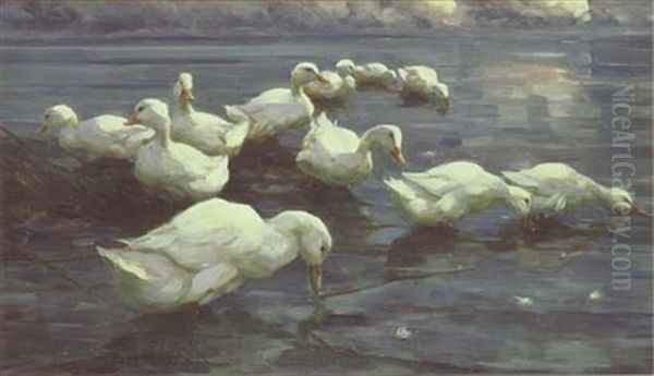 Enten Am Seeufer - Ducks On The Lake Shore Oil Painting by Alexander Max Koester