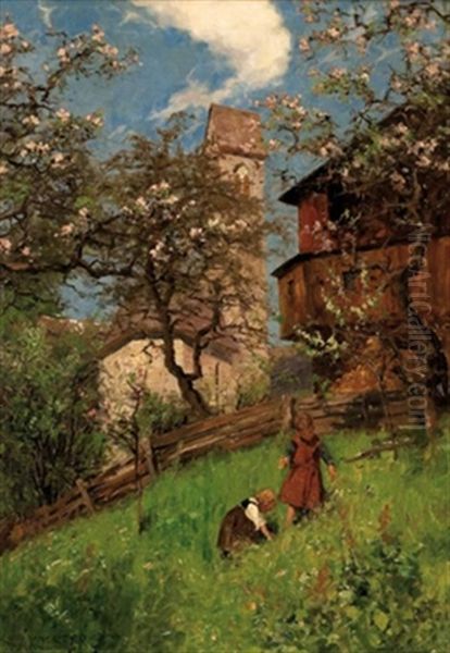 Bergdorfwiese Mit Kindern Beim Blumenpflucken Oil Painting by Alexander Max Koester