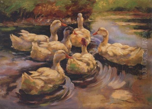 Sechs Enten Im Teich (heimkehr) Oil Painting by Alexander Max Koester