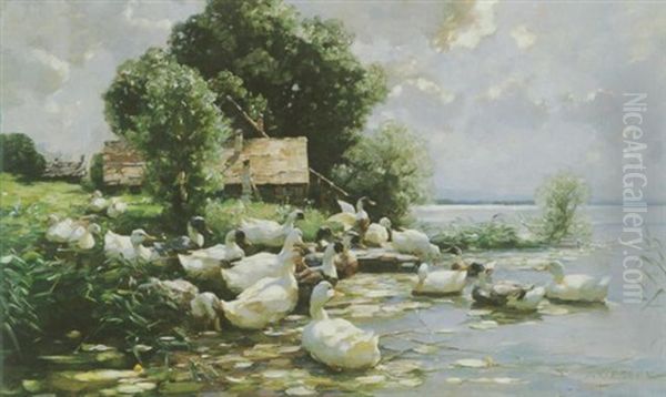 Zweiundzwanzig Enten Am Ufer Des Bodensees Oil Painting by Alexander Max Koester