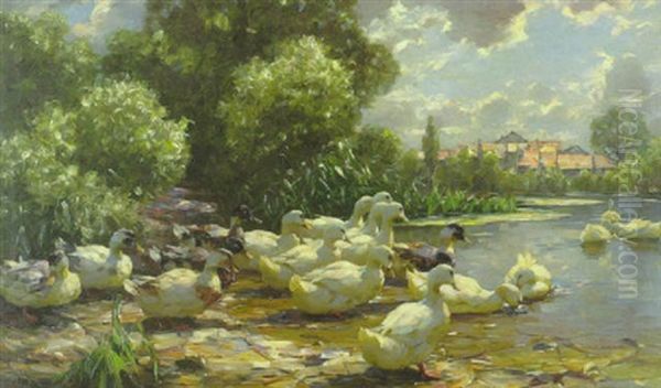 Landschaft Mit Enten Am Dorfteich Oil Painting by Alexander Max Koester