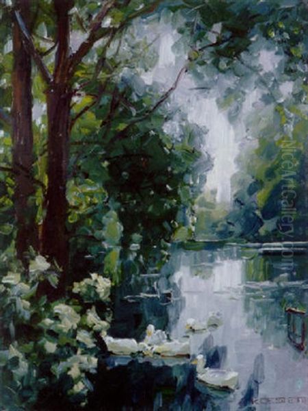 Parklandschaft Mit Weisen Enten Oil Painting by Alexander Max Koester