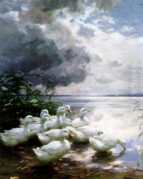 Ducks At The Lake's Edge Oil Painting by Alexander Max Koester