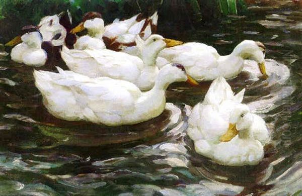 Six Ducks Feeding Oil Painting by Alexander Max Koester