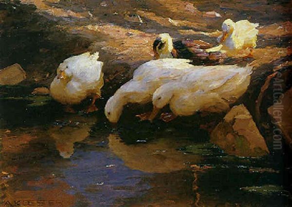 Funf Enten Am Wasser Oil Painting by Alexander Max Koester