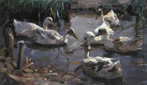 Sieben Enten Auf Schilfbestandenem Gew,sser Oil Painting by Alexander Max Koester