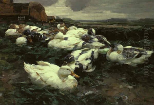 Neun Enten Vor Einem Bauernhaus Oil Painting by Alexander Max Koester