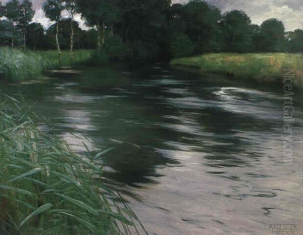 Altwasser. Sanft Sich Biegender Flusslauf, An Dessen Ufer   Sich Ein Schilfgurtel Ausbreitet... Oil Painting by Alexander Max Koester