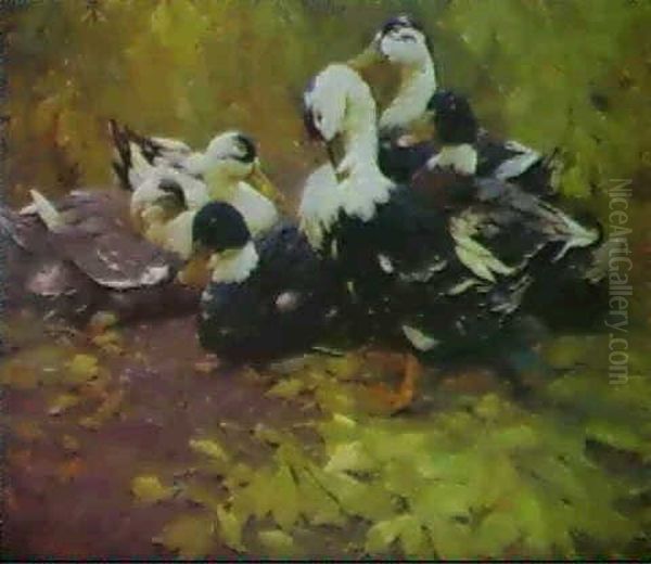 A Group Of Ducks Resting By Trees Oil Painting by Alexander Max Koester