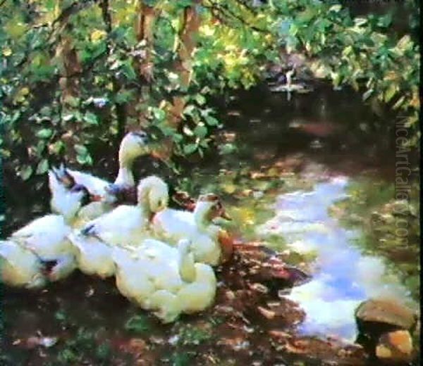 Five Ducks Beside A Stream Oil Painting by Alexander Max Koester