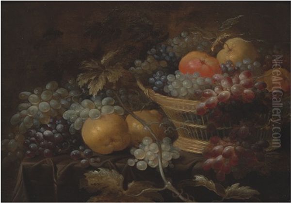 A Still Life With Quinces, Grapes And An Apple In And Around A Wicker Basket Oil Painting by Roelof Koets the Elder