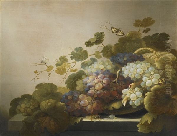 Still Life With Grapes And Vines Arranged In A Basket On A Stone Ledge, With Butterflies, A Grasshopper And A Spider Oil Painting by Roelof Koets the Elder