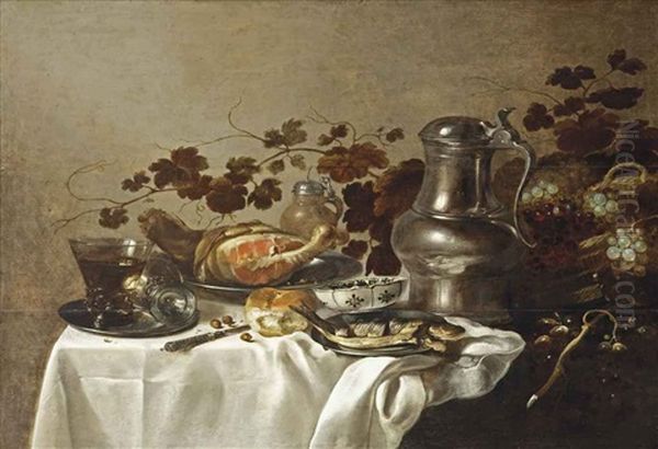 A Silver Plate With Two Roemers, A Sliced Ham And Fish, A Wan-li Porcelain Bowl, Bread, A Tin Jug And Wicker Basket With Grapes And Vines... Oil Painting by Roelof Koets the Elder