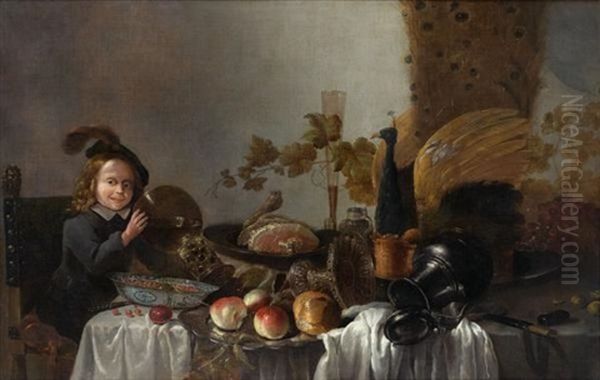 Jeune Garcon Posant Un Rohmer Sur Une Table Au Milieu De Pieces D'orfevrerie, De Victuailles Et De Fruits Oil Painting by Roelof Koets the Elder