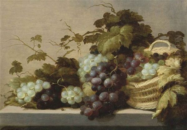 Black And White Grapes, Partly In A Wicker Basket, All On A Stone Ledge Oil Painting by Roelof Koets the Elder