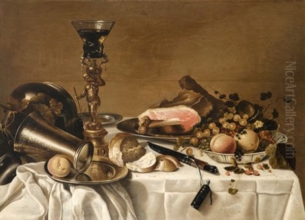 Nature Morte Aux Pieces D'orfevrerie, A La Coupe De Fruits, Au Jambon Et Au Pain Disposes Sur Une Table Oil Painting by Roelof Koets the Elder