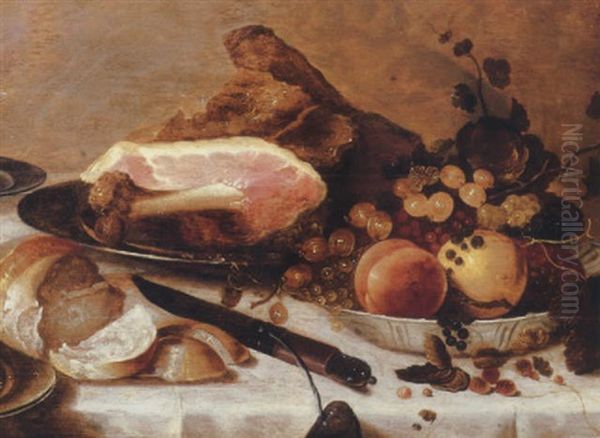 Peaches, Gooseberries, Redcurrants And Blueberries In A Porselein Bowl, With A Ham, A Bread Roll And A Knife On A Draped Table Oil Painting by Roelof Koets the Elder