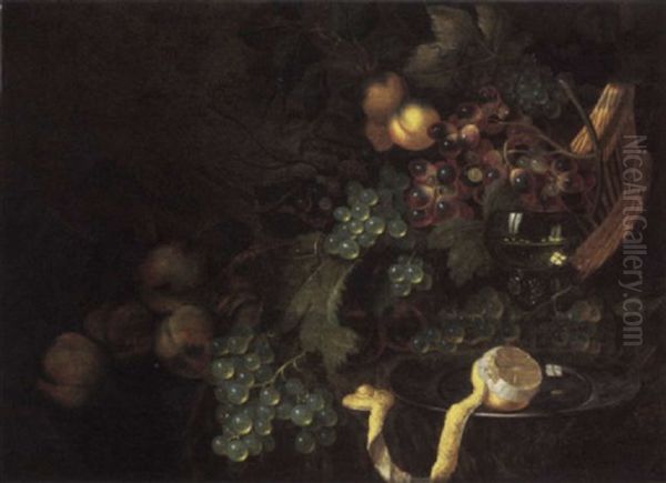 A Basket Of Fruit With A Roemer Of White Wine, A Sliced Lemon On A Pewter Plate On A Draped Table Oil Painting by Roelof Koets the Elder