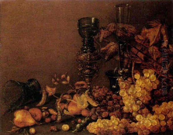 Still Life Of Red And White Grapes, Pears, Cherries, Hazelnuts And Peas, Together With A Wine Glass, An Upturned Roemer And A Roemer On A Gilt Stand Oil Painting by Roelof Koets the Elder