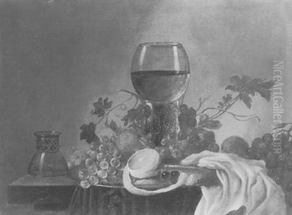 A Still Life Of A Peeled Lemon, Grapes, Cherries On A Silver Plate Beside An Upturned Roemer, With A Larger Roemer Behind On A Partly Draped Table Oil Painting by Roelof Koets the Elder