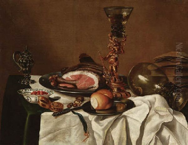 Mahlzeitstilleben Um Schinken, Glas Wein Auf Vergoldeter Becherschraube, Brotchen, Umgelegtem Romer Und Buchern Oil Painting by Roelof Koets the Elder