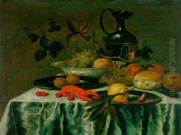 Grapes, Vine Leaves And An Orange In A Wanli Kraak Porselein Dish, Walnuts, A Lemon, And Prawns On Perter Plates Oil Painting by Roelof Koets the Elder