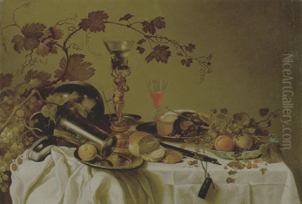 Stilleben Mit Fruchten In Einer Delfterschale, Brombeerpastete, Zinngeschirr, Verschiedenen Glasern Und Trauben Oil Painting by Roelof Koets the Elder