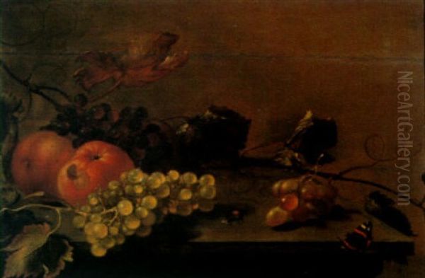 Nature Morte Aux Raisins Et Pommes Sur Un Entablement Oil Painting by Roelof Koets the Elder