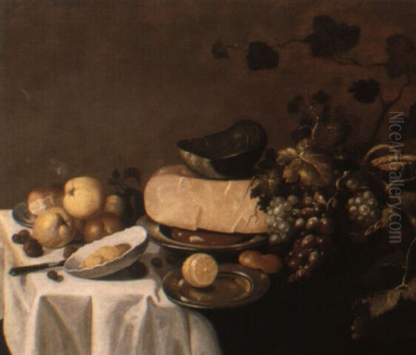 Still Life Of Grapes, Cheese, Apples, Bread, Butter And Dishes Of A Table Oil Painting by Roelof Koets the Elder