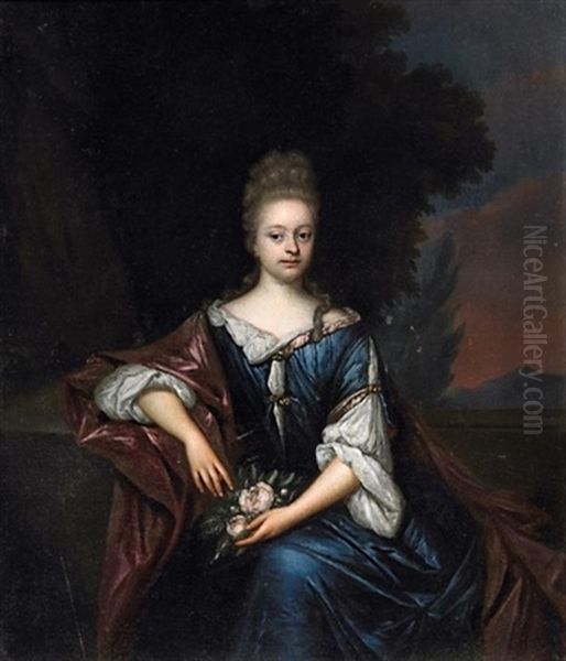 Portrait Einer Dame In Blauem Satinkleid. In Den Handen Ein Rosenbouquet Haltend Oil Painting by Roelof Koets the Younger