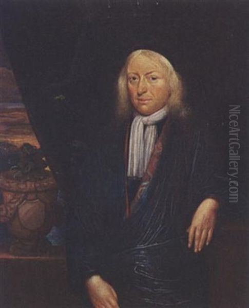 A Portrait Of A Gentleman Wearing A Blue Robe With A White Chabot, A Curtain And A Garden View Beyond Oil Painting by Roelof Koets the Younger