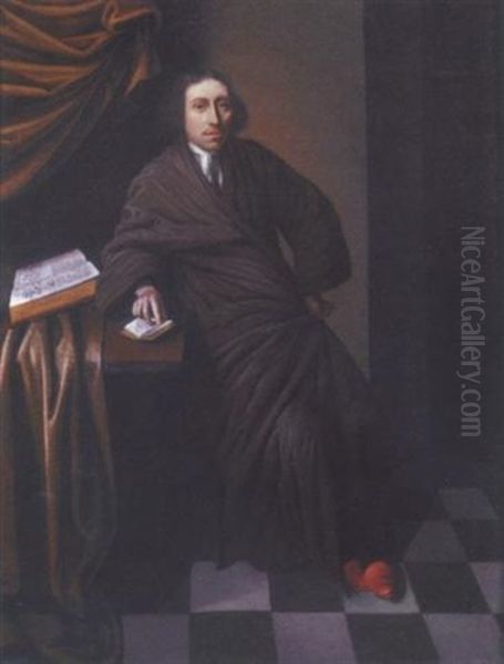 Portrait Of A Botanist In A Black Costume With Red Slippers, His Books On A Table Nearby Oil Painting by Roelof Koets the Younger