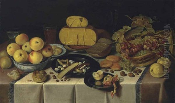 A Banquet With Cheese And Fruit On Pewter Plates, A Basket Of Grapes, Apples In A Wan-li Kraak Porcelain Bowl, And Bread And Glasses On A Draped Table Oil Painting by Roelof Koets