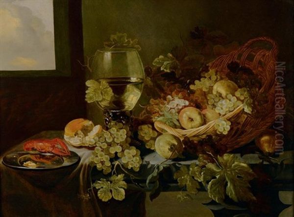 Nature Morte A La Corbeille De Fruits Avec Un Roehmer Sur Un Drape Bleu Oil Painting by Roelof Koets