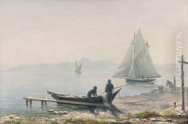 Fischer Am Ufer Des Genfersees by Achille Koetschet