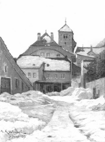 St-imier Im Winter Mit Veschneiter Strasse Oil Painting by Achille Koetschet