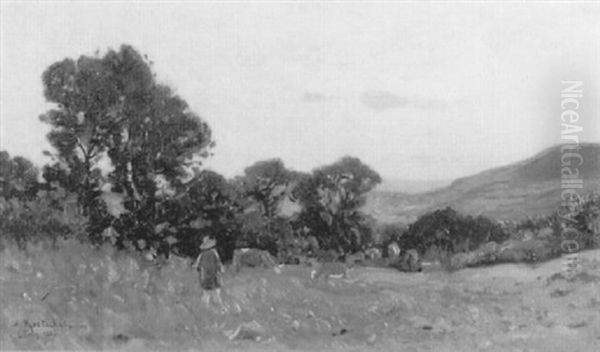 Landschaft Mit Bauer Und Kuhen Oil Painting by Achille Koetschet