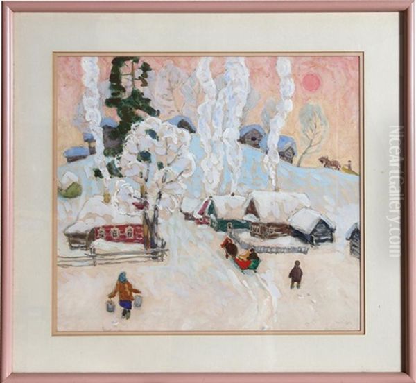 Untitled - Winter Village Scene Oil Painting by Moishe (Moissey) Kogan