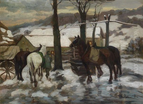 Winterliche Landschaft Mit Pferden In Der Abenddammerung Oil Painting by Jakob Koganowsky